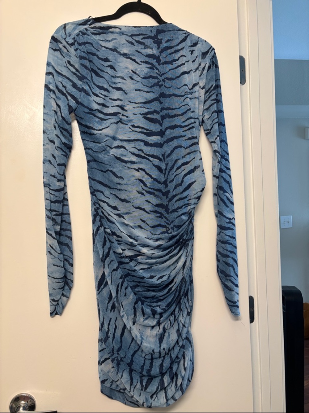 ZARA Blue Tiger-Print Ruched Long Sleeve Dress